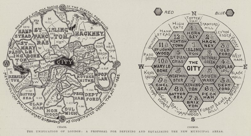 The Unification of London, et forslag til definition og udligning af de nye kommunale områder (gravering) af English School