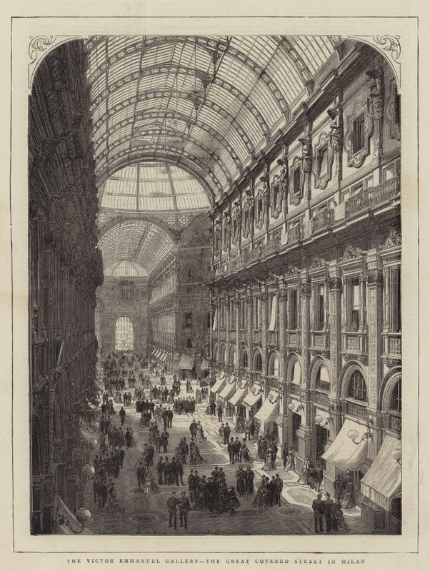 Victor Emmanuel Gallery, Great Covered Street i Milano (gravering) af English School
