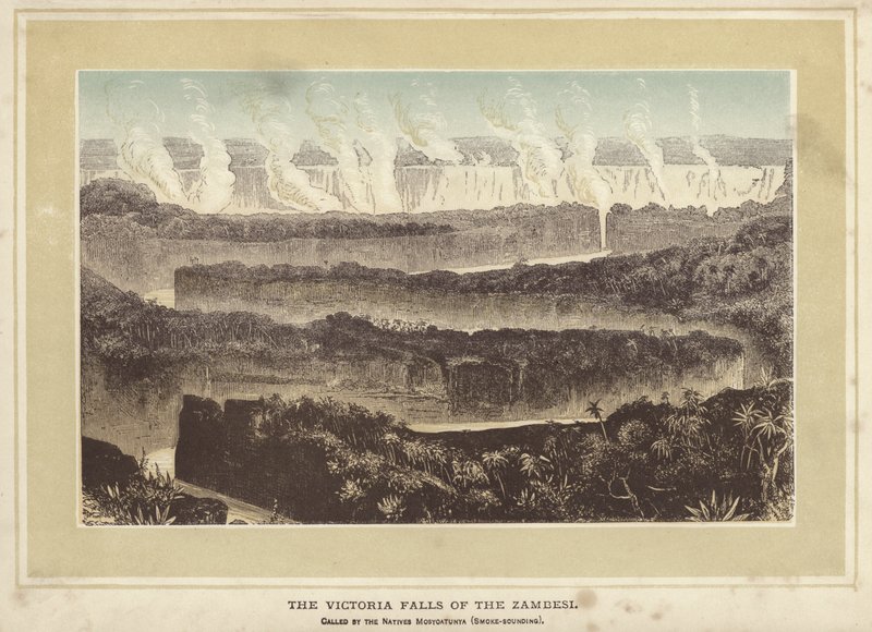 Victoria Falls of the Zambesi, kaldet af de indfødte Mosyoatunya, Røglydende (farvet indgravering) af English School