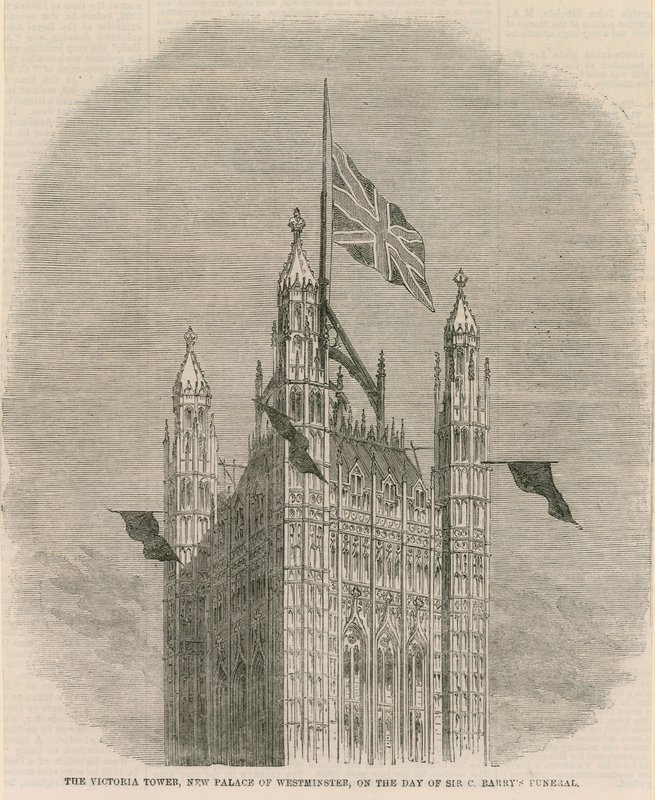 Victoria Tower, New Palace of Westminster, på dagen for Sir C Barnets begravelse af English School