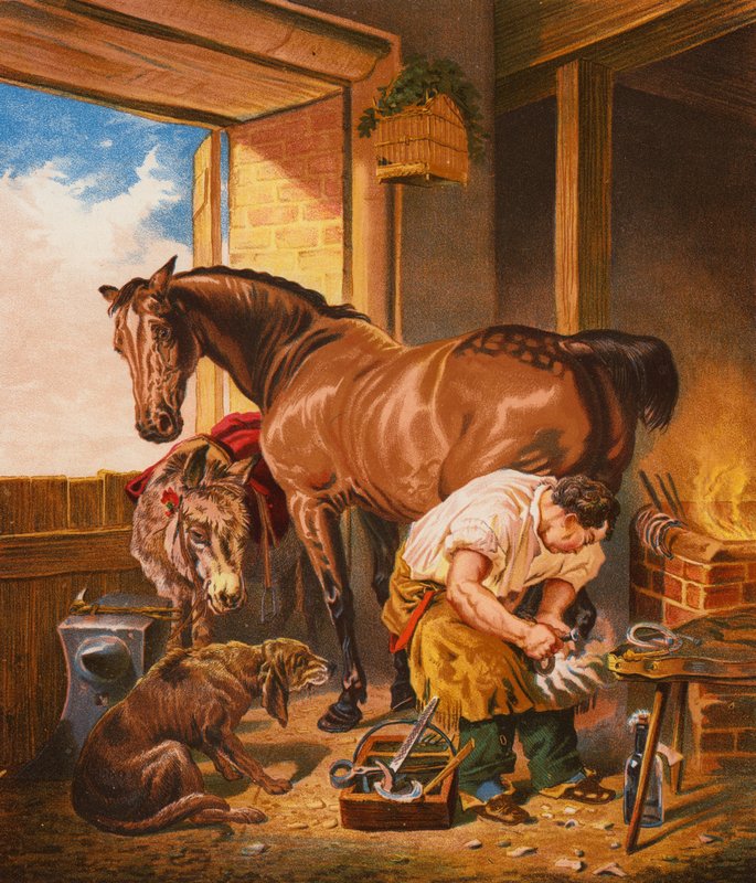 The Village Smithy (farvelitografi) af English School