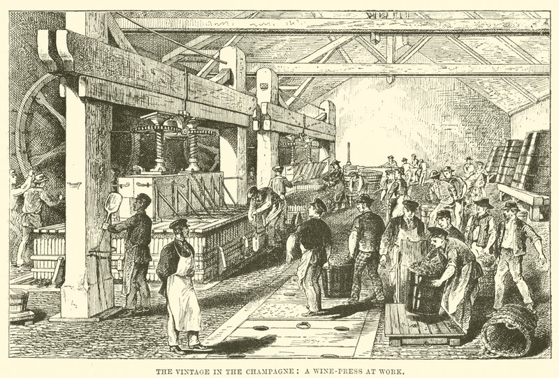 The Vintage in the Champagne: A Wine-Press at Work (gravering) af English School