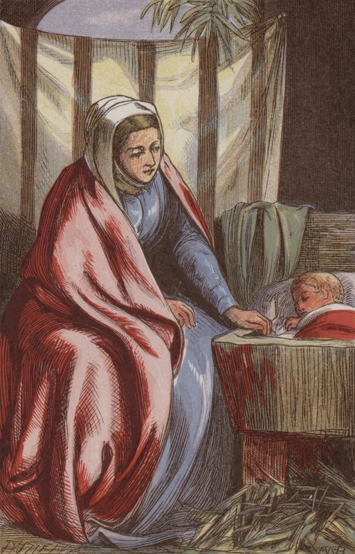 Jomfru Maria ser på den sovende spædbarnsfrelser (farvet indgravering) af English School