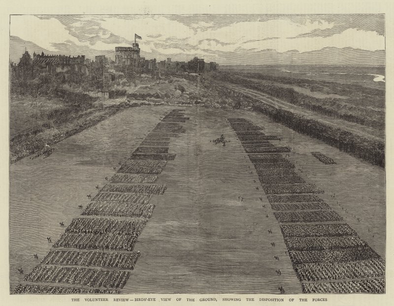 Frivilliggennemgangen, fugleperspektiv af jorden, der viser styrkernes disposition (gravering) af English School