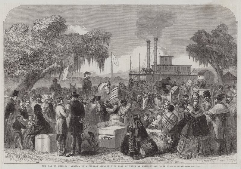 The War in America, Ankomst af et føderalt dampskib med våbenhvilens flag ved Madisonville, Lake Pontchartrain (gravering) af English School