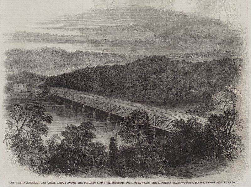 Krigen i Amerika, Kædebroen over Potomac over Georgetown, ser mod Virginia Shore (gravering) af English School