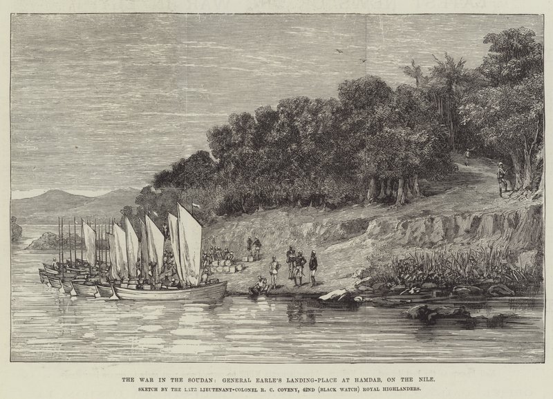 Krigen i Soudan, general Earles landingssted ved Hamdab, ved Nilen (gravering) af English School