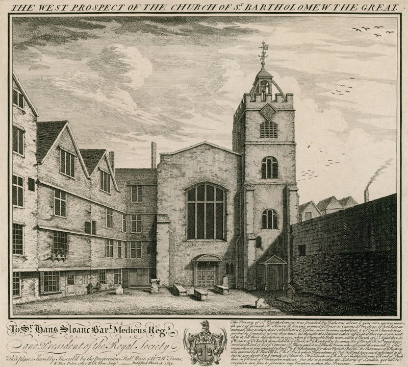 The West Prospect of the Church of St Bartholomew the Great af English School