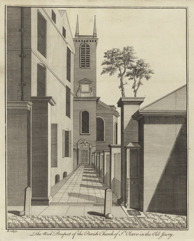 The West Prospect of the Parish Church of St Olave in the Old Jewry, London af English School