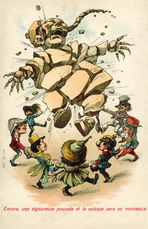 Vestmagterne trækker Kina fra hinanden (farve litho) af English School