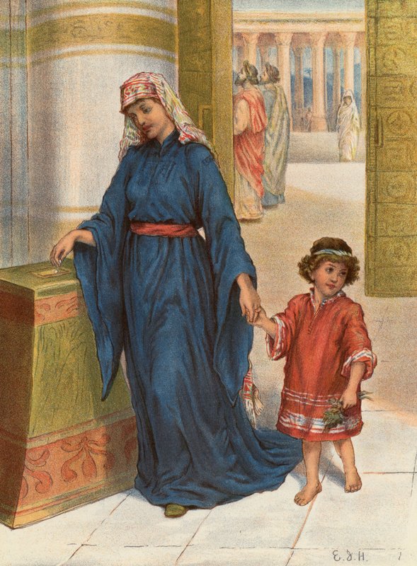 Enkemiden, St Mark, XII, 42 (farve litho) af English School