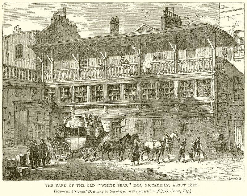 The Yard of the Old White Bear Inn, Piccadilly, omkring 1820 af English School