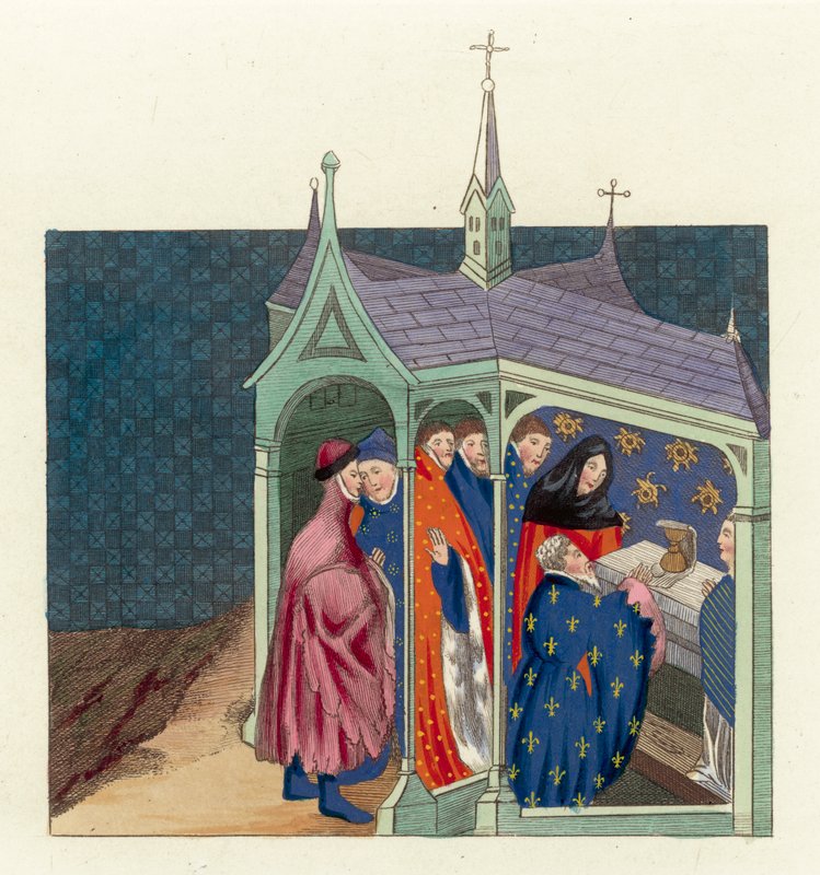 Aftalen mellem jarlen af Northumberland og kong Richard II (farvet gravering) af English School