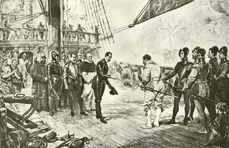 Admiralen af den spanske armada overgiver sig til Drake (dybtryk) af English School