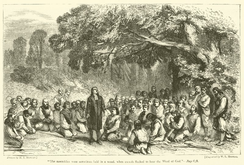 "Forsamlingerne blev nogle gange holdt i en skov, hvor folk strømmede til for at høre Guds ord" (kobberstik) af English School