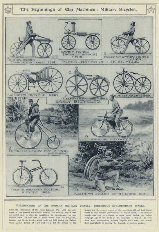 Begyndelsen af krigsmaskiner, militærcykler, forløbere for den moderne militærcykel, kontinuerlige evolutionære stadier af English School