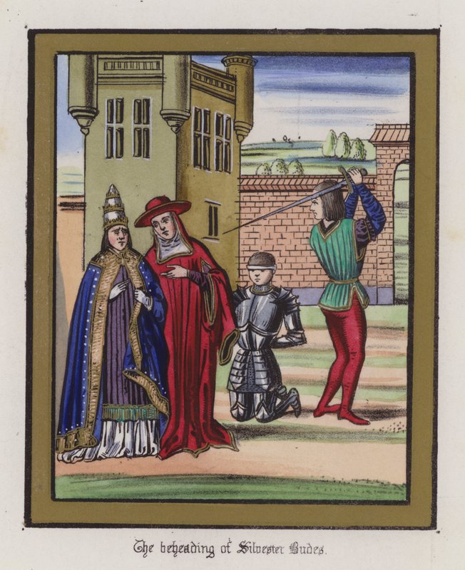Halshugningen af Sir Silvester Budes (farvet gravering) af English School
