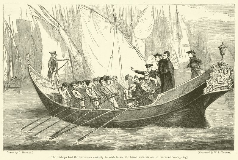 "Biskopperne havde den barbariske nysgerrighed at ønske at se baronen med sin åre i hånden" (kobberstik) af English School