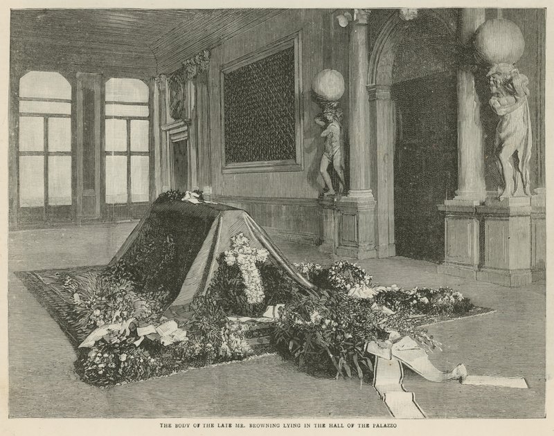Liget af afdøde hr. Browning ligger i hallen i Palazzo Rezzonico, Venedig af English School