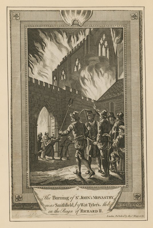 Afbrændingen af St Johns Monastery nær Smithfield af Wat Tylers pøbel af English School