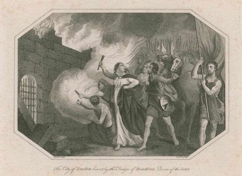 Byen London brændt af tropperne fra Boadicea, Queen of the Icena af English School