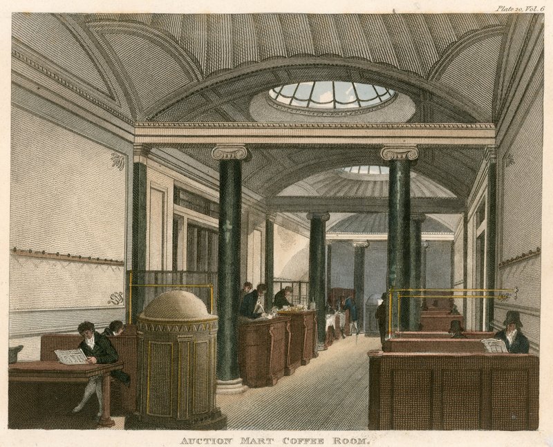 Kafferummet på Auction Mart, St Bartholomews Lane, London af English School