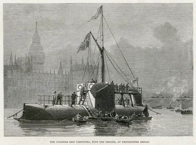 Cylinderskibet Cleopatra, med obelisken, ved Westminster Bridge af English School