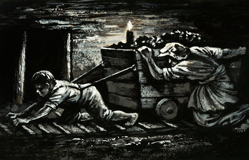 Den mørke side af den industrielle revolution: børnearbejde (gouache på papir) af English School