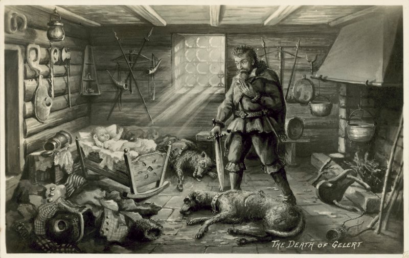 Gelerts død, Llewellyns hund, scene fra William Robert Spencers digt Beth Gelert; eller Greyhoundens grav (litho) af English School