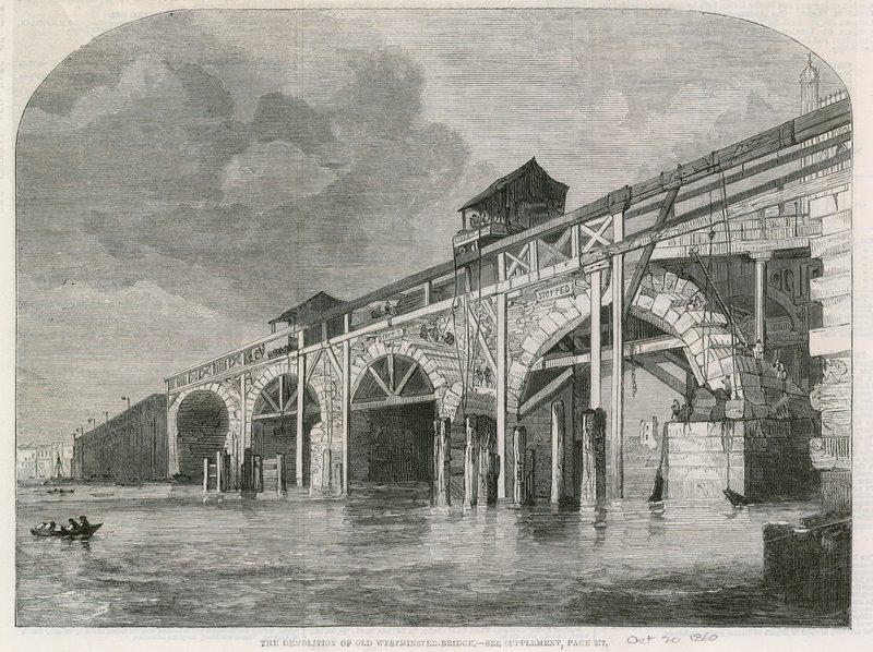 Nedrivningen af Old Westminster Bridge af English School