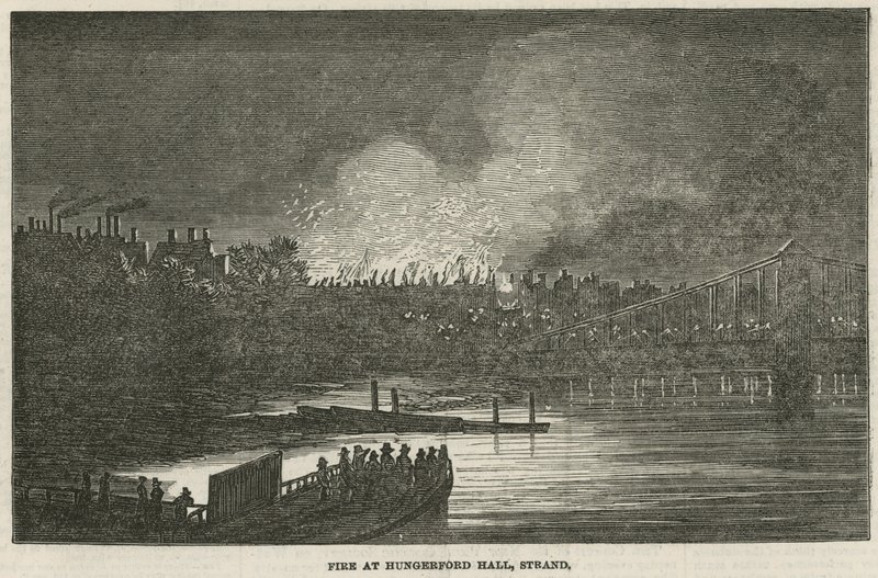 Ødelæggelsen ved brand af Hungerford Hall, Strand, London af English School