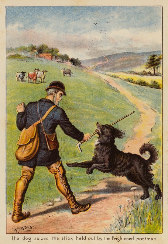 Hunden greb den pind, som det skræmte postbud rakte frem (farvelitografi) af English School