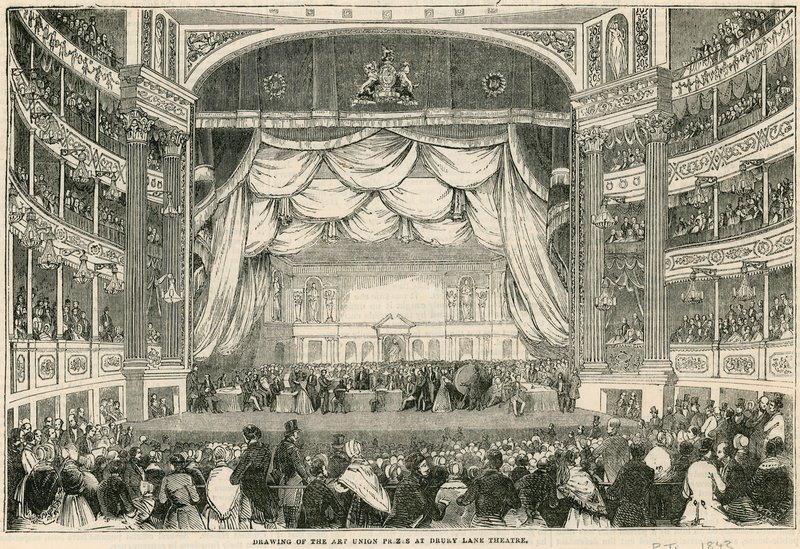 Tegningen af Art Union-priserne på Drury Lane Theatre i 1843 af English School