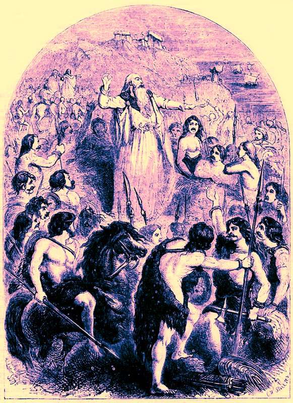 Druiderne, der opildner briterne til at modsætte sig romernes landgang, illustration fra Cassell