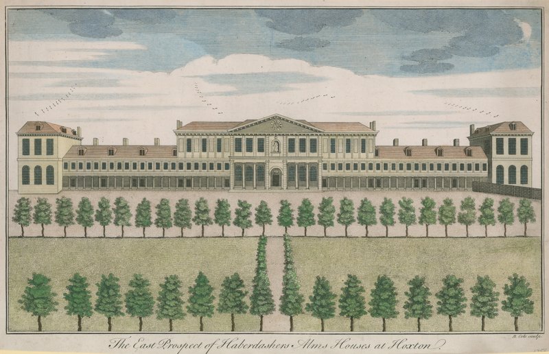Den østlige udsigt til Haberdashers Alms Houses ved Hoxton af English School
