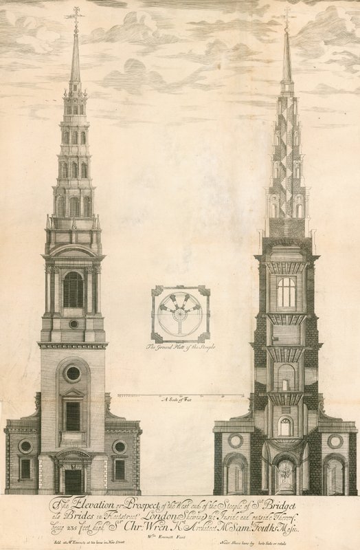 Højden og udsigten til den vestlige ende af tårnet i St Brides-kirken i Fleet Street, London af English School
