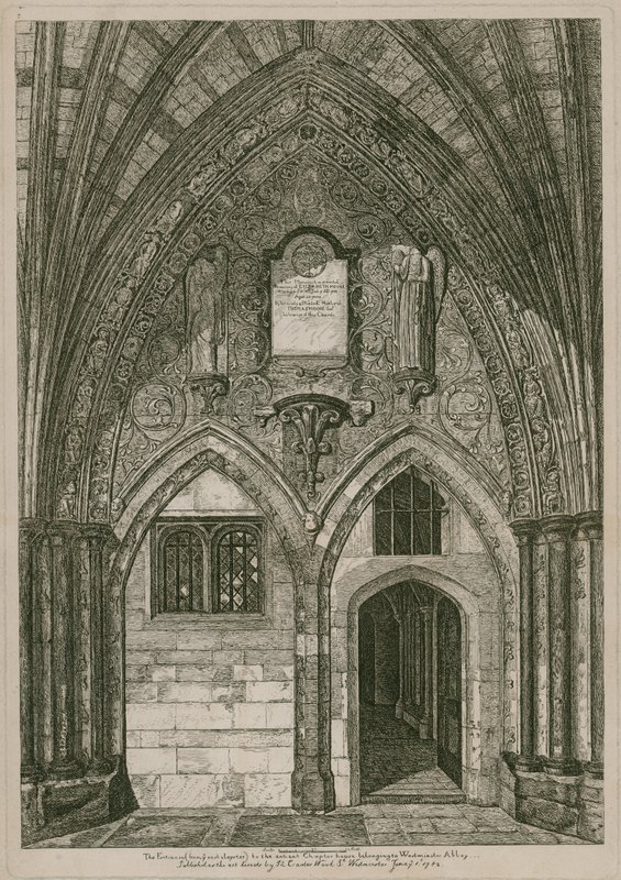 Indgangen fra det østlige Cloister til det gamle Chapter House, Westminster Abbey, London af English School
