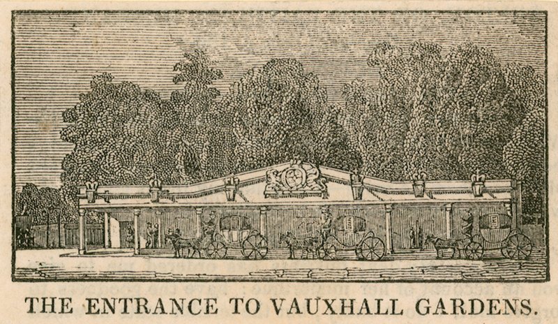 Indgangen til Vauxhall Gardens, London af English School