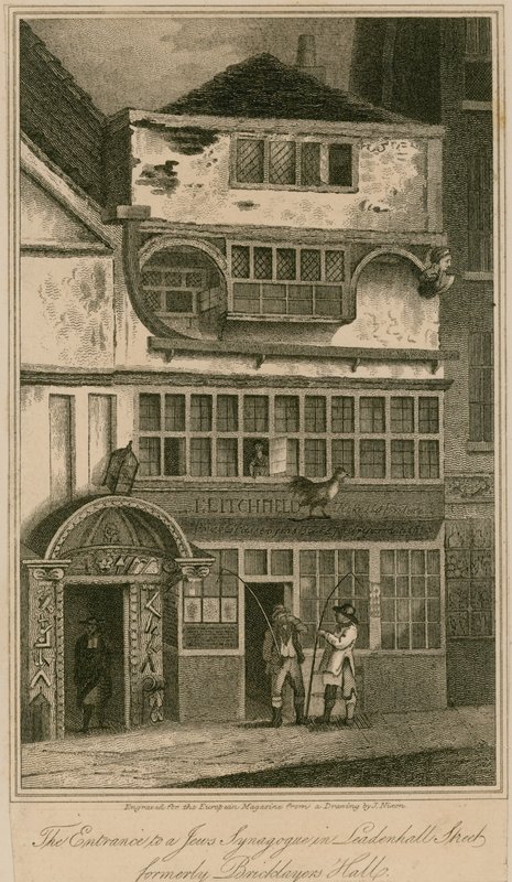 Indgangen til en jødesynagoge i Leadenhall Street, London, tidligere Bricklayers Hall af English School
