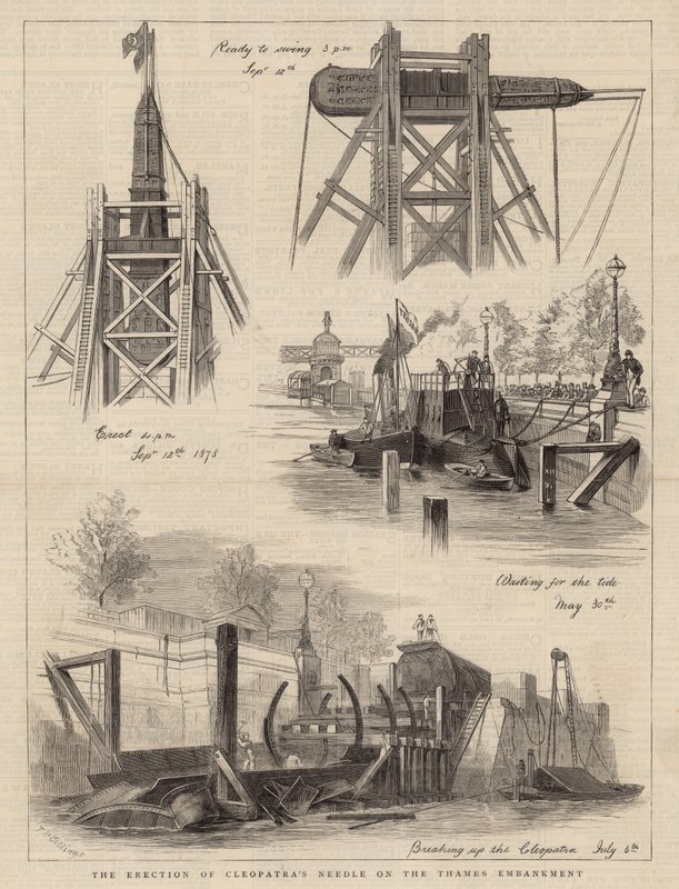 Opførelsen af Cleopatras Needle på Themsen Embankment af English School