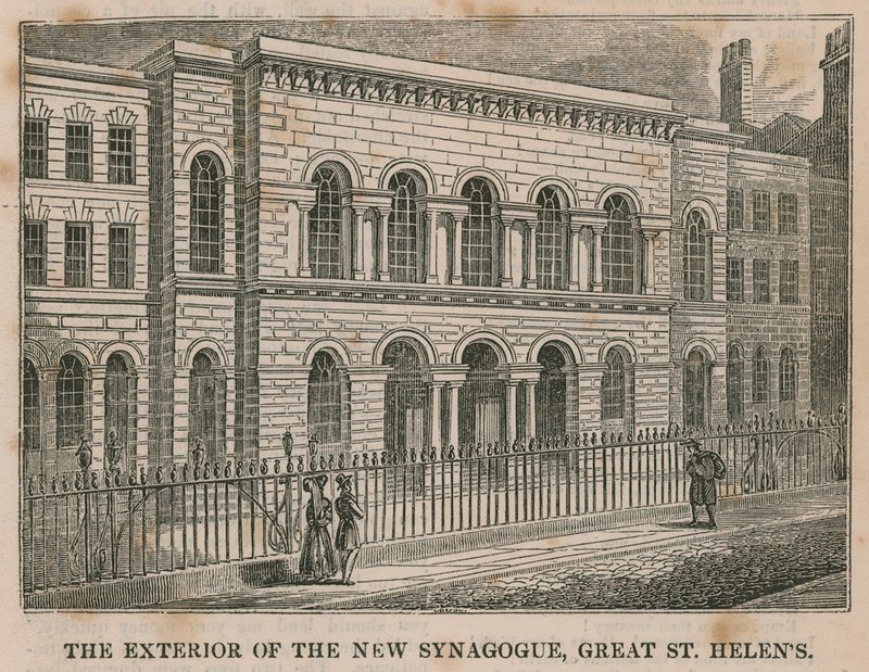 Ydersiden af den nye synagoge, Great St Helens, London af English School