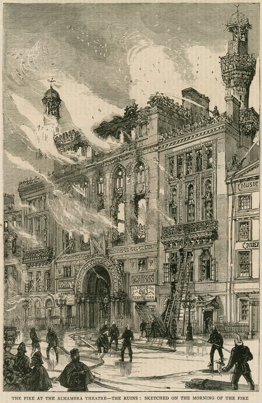 Ilden på Alhambra Teatret - ruinerne, skitseret om morgenen, hvor branden fandt sted, 7. december 1882 af English School