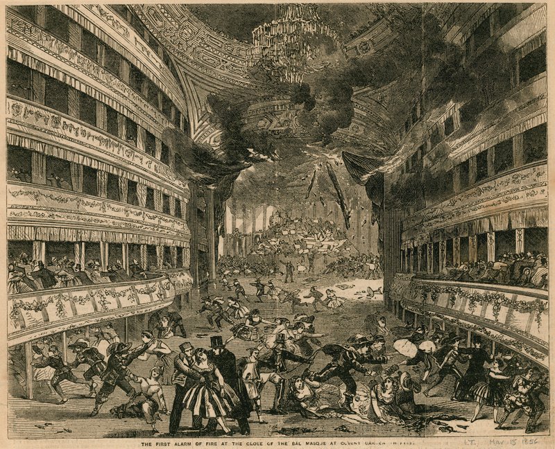 Den første brandalarm ved afslutningen af Bal Masque i Covent Garden Theatre, London af English School