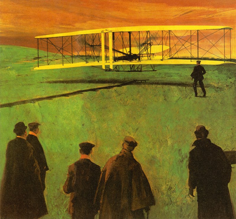 Den første flyvning af Wright Brothers ved Kitty Hawk af English School