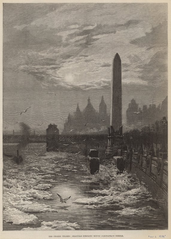 Den frosne Thames - måger cirkler rundt om Cleopatras-nålen af English School