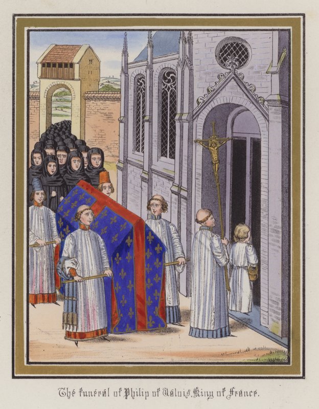 Begravelsen af Filip af Valois, konge af Frankrig (farvet gravering) af English School