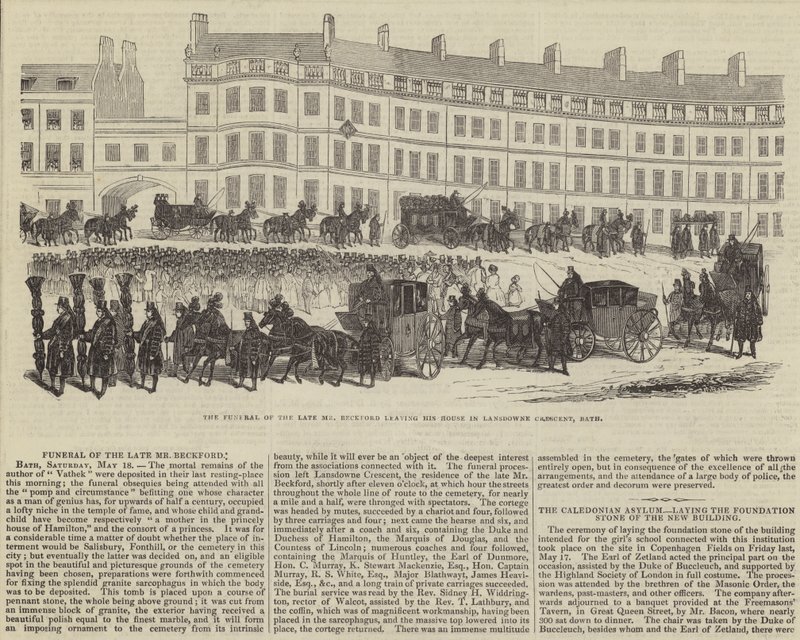 Begravelsen af afdøde Mr William Beckford, der forlader sit hus i Lansdowne Crescent, Bath (gravering) af English School