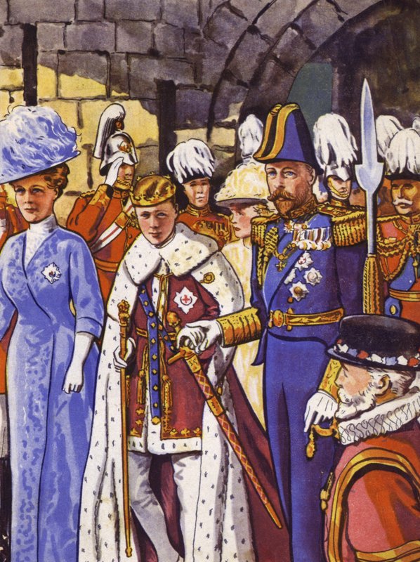 Den fremtidige kong Edward VIII investerede som Prince of Wales (farve litho) af English School