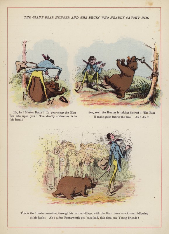 Den kæmpe bjørnejæger og Bruin, der næsten fangede ham (farve litho) af English School