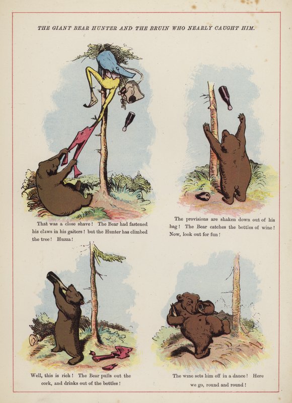 Den kæmpe bjørnejæger og Bruin, der næsten fangede ham (farve litho) af English School